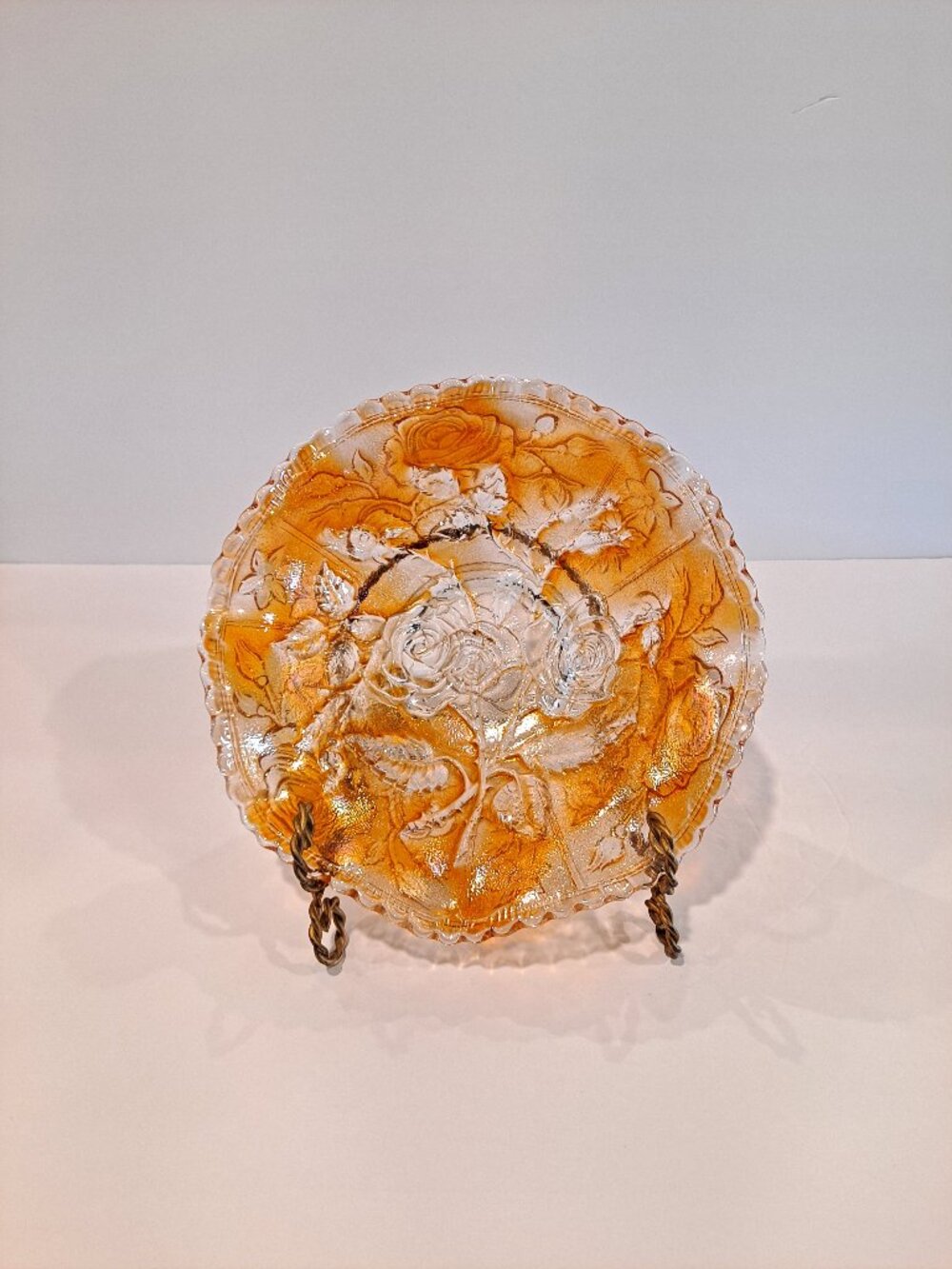 Imperial Glass Marigold Carnival Bowl with Open Rose Pattern and Ruffled Rim